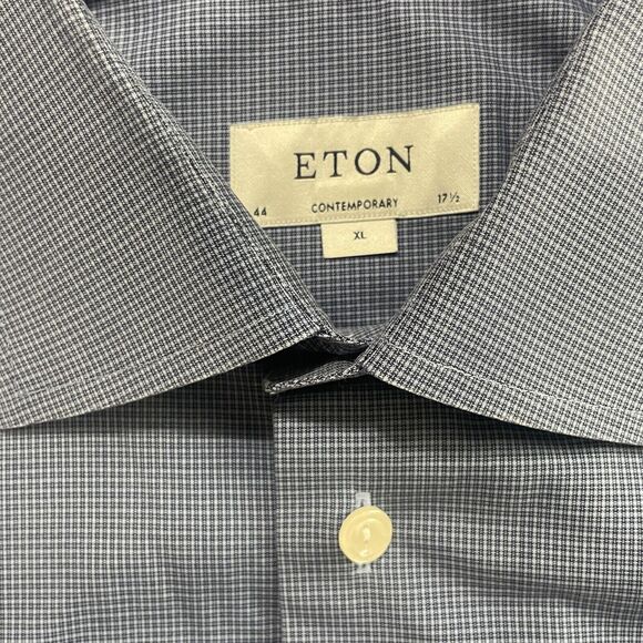 Eton Contemporary LS Button Up Shirt Mens Size 17.5/44 Navy Blue Plaid Romania - Picture 3 of 8
